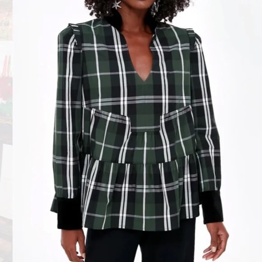 TUCKERNUCK Green and Black Plaid V-Neck Blouse